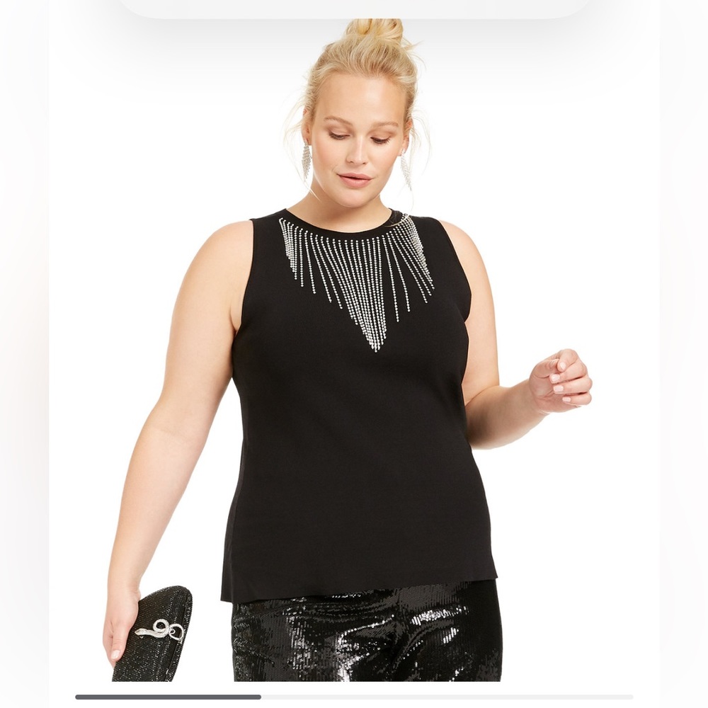 INC International Concepts Black Crewneck Rhinestone Fringe Neckline